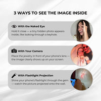 Thumbnail for Pink Photo Bracelet instructions highlighting three ways to view the hidden image: with the naked eye, camera, and flashlight projection.