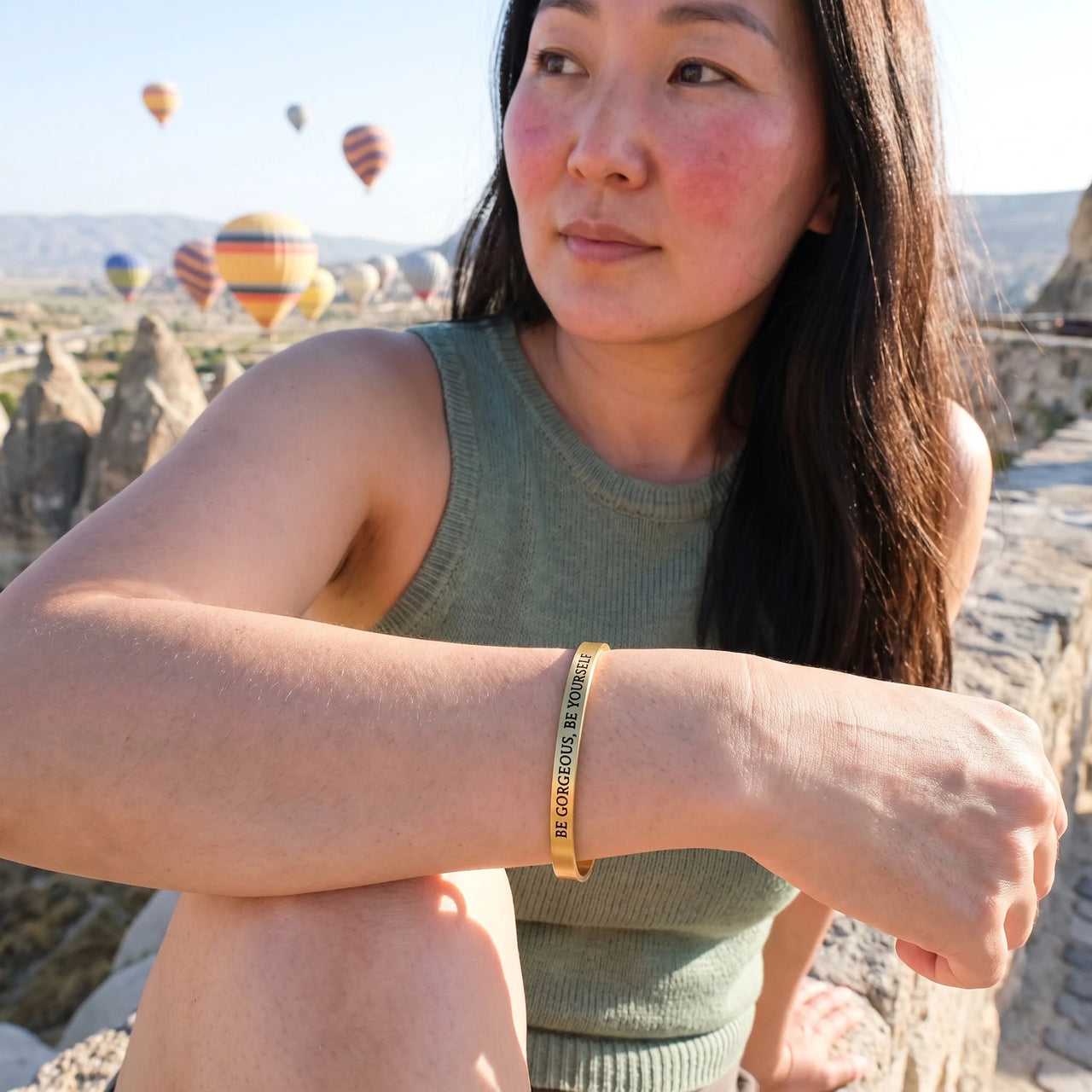 Mantra bracelet — worn on a getaway, gold | SKU: bgby-g