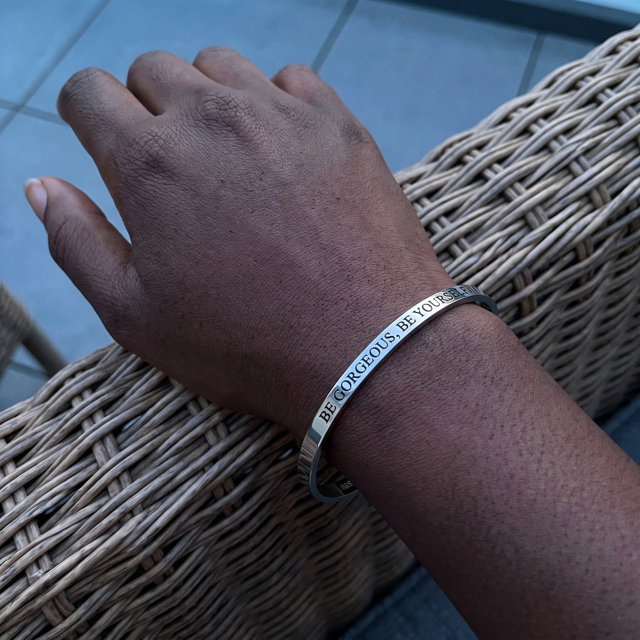 Affirmation bracelet — worn, real size, silver | SKU: bgby-wg