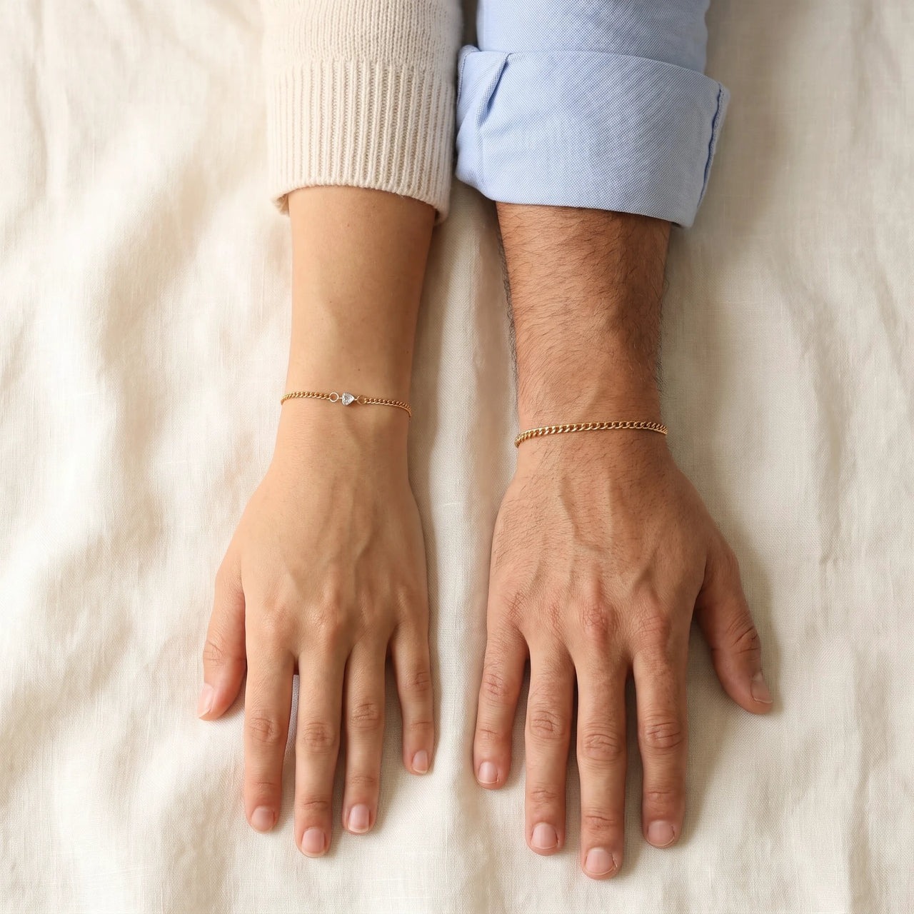 Heart Bond Matching Bracelet Set in Gold — worn by a couple, wrists side by side