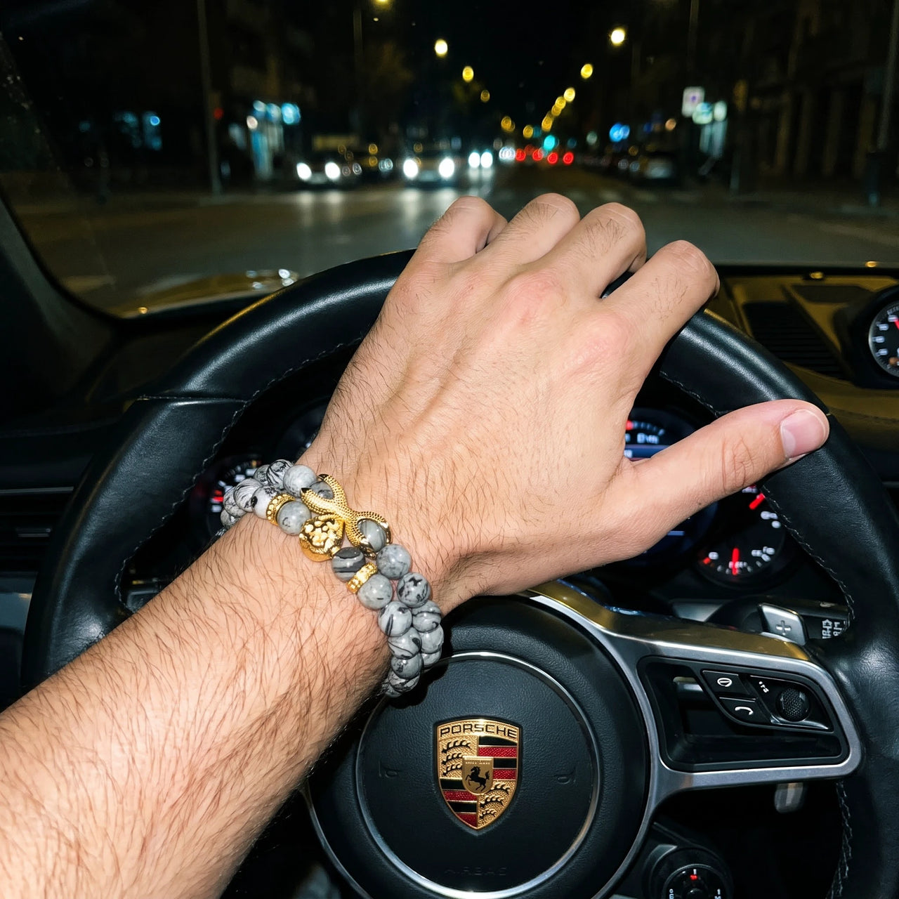 Gold Lion & Grey Stones Set – worn at the steering wheel of a luxury car | Brother & Sisters | SKU: 21039839SET-gold-XS-14-15, 21039839SET-gold-S-16-17, 21039839SET-gold-M-18-19, 21039839SET-gold-L-20-21, 21039839SET-gold-XL-22-23
