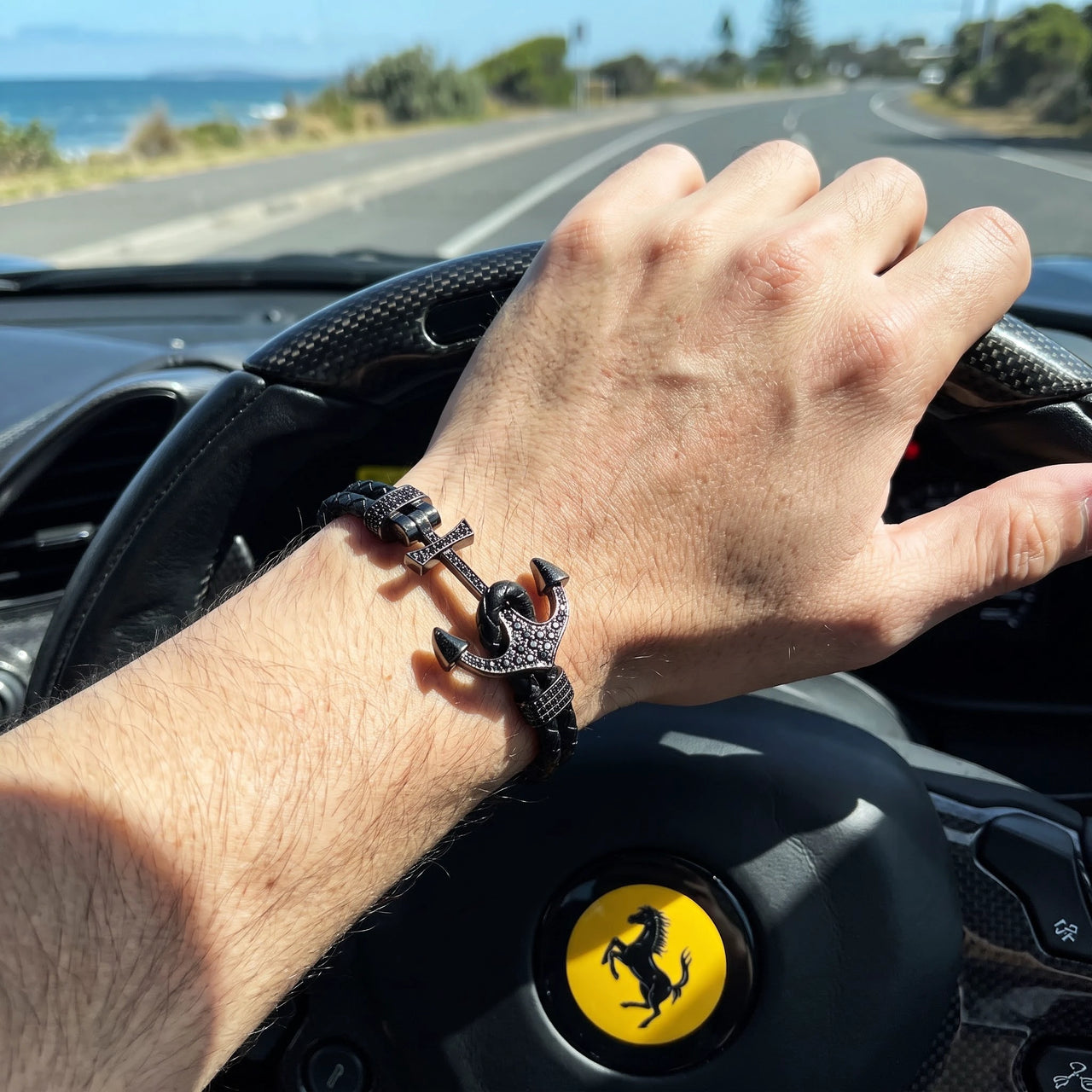 Black Anchor Bracelet – hand on a Ferrari steering wheel | Brother & Sisters | SKU: 3621358-gun-black-XS-14-15, 3621358-gun-black-S-16-17, 3621358-gun-black-M-18-19, 3621358-gun-black-L-20-21, 3621358-gun-black-XL-22-23