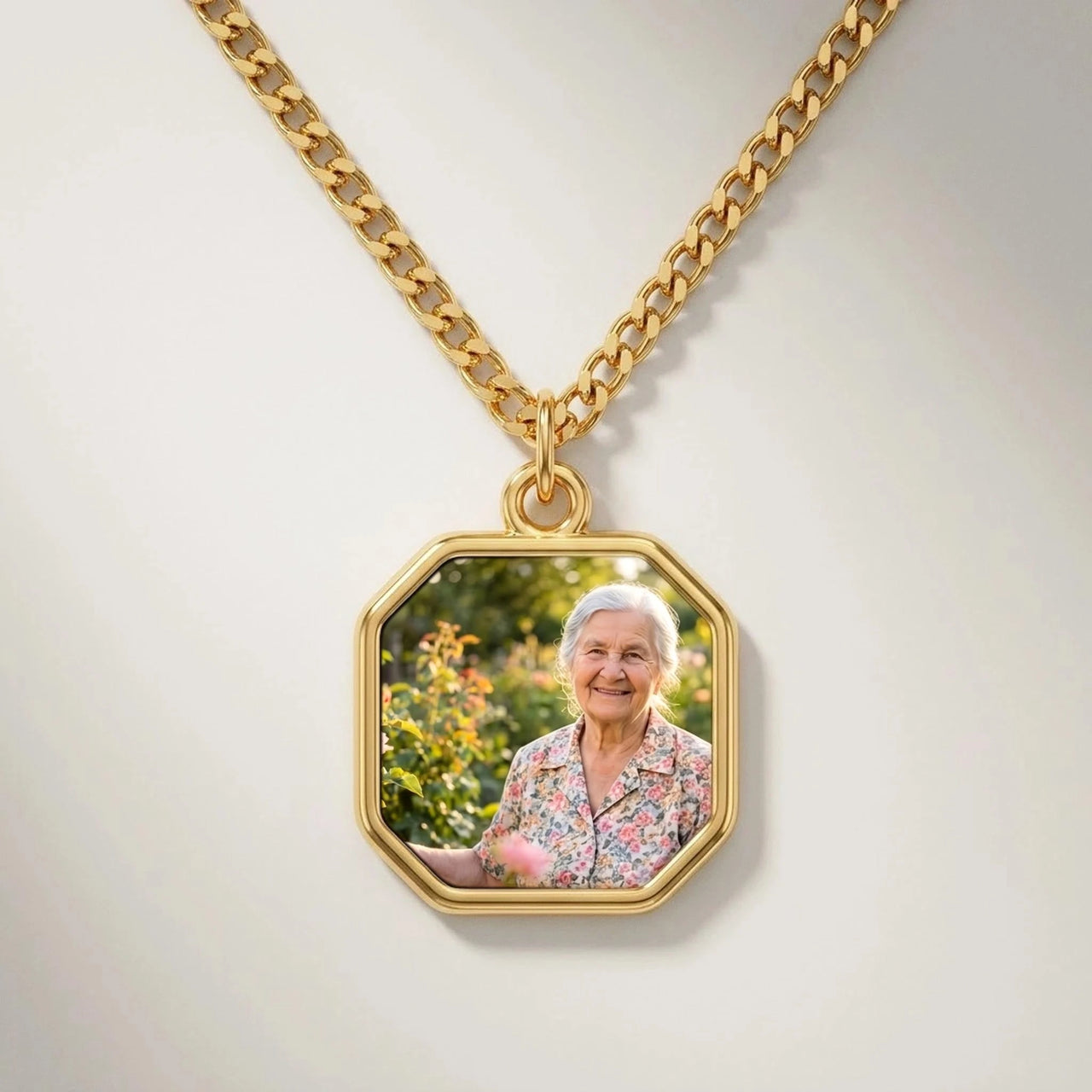 Secret Octagon Photo Necklace in gold, black octagon pendant turning into a hidden photo when warmed | SKU: TPH-OCTN-GOLD