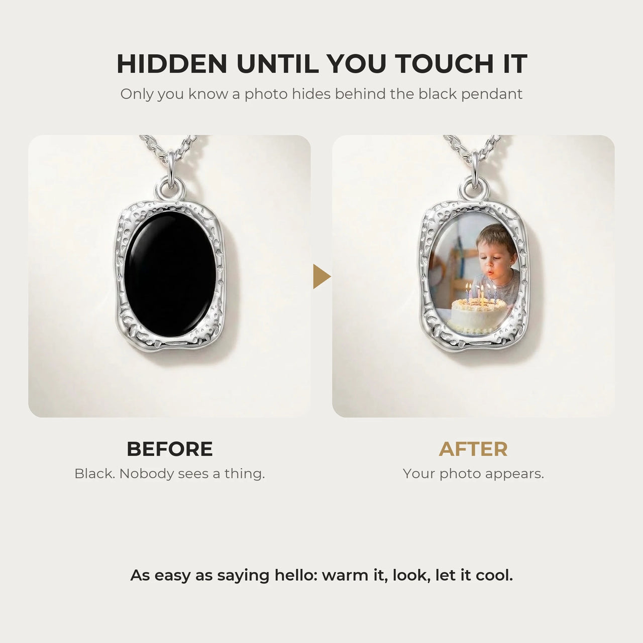 Before and after: black silver oval pendant, then the photo revealed by warmth | SKU: TPH-OVLN-SILVER