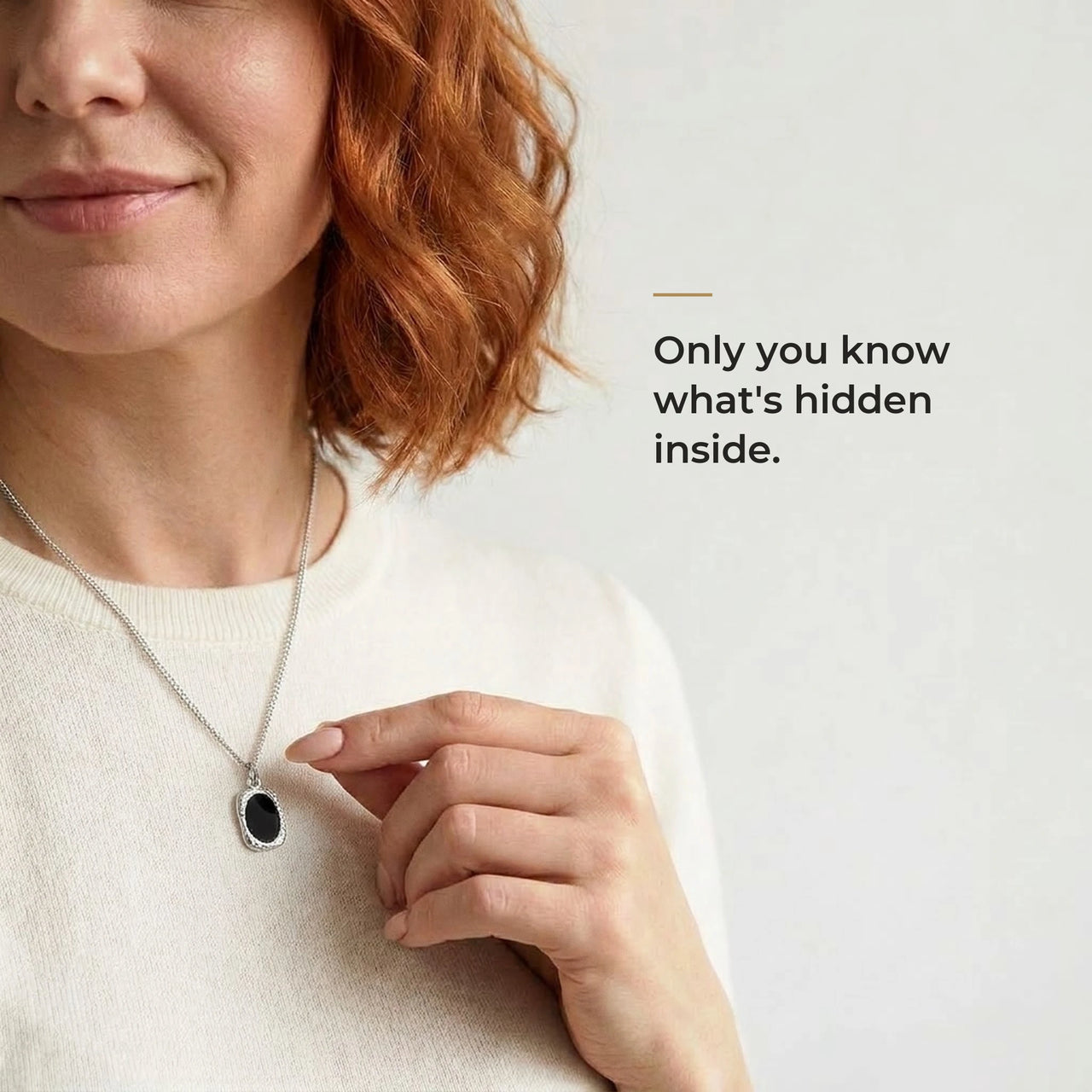 Woman wearing the black silver oval pendant, only she knows the photo inside | SKU: TPH-OVLN-SILVER