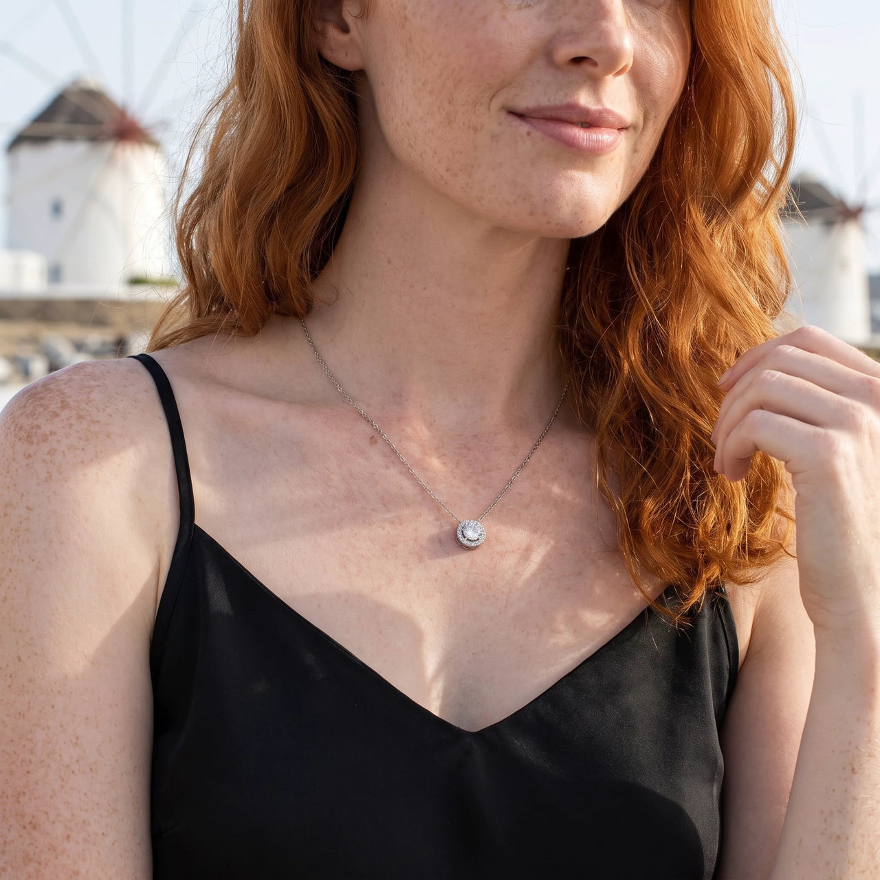 Circle pendant necklace — worn on a getaway, silver | SKU: 33136351