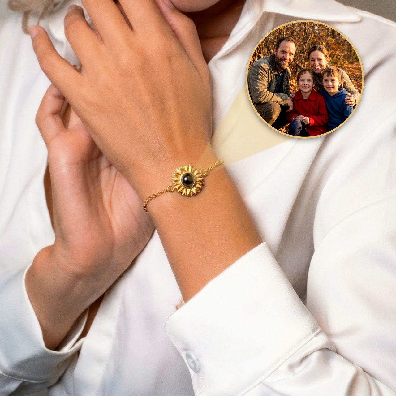 Sunflower Personalized Photo Bracelet Gold - worn with hands crossed and the projected photo of a family - Brother & Sisters